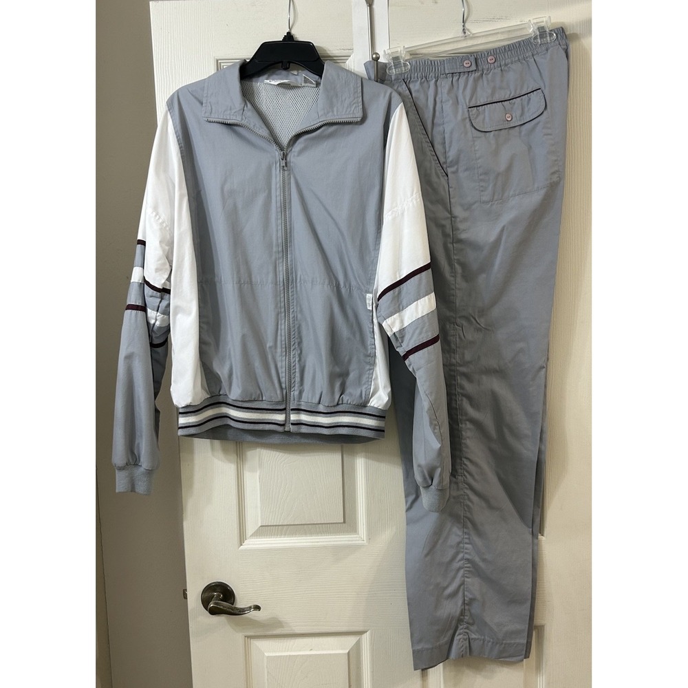 Vtg 70s Christian Dior Monsieur 2 Pc Tracksuit Men's LG Warm Up Gray White *EUC*